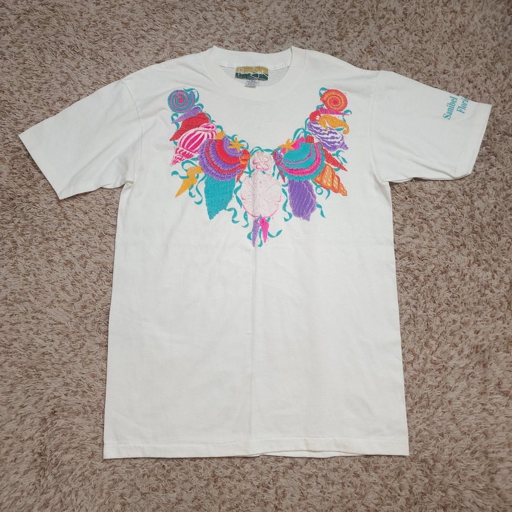 Vintage‎ Panama Jack Womens L Seashells Embroidered Short Sleeve White Shirt